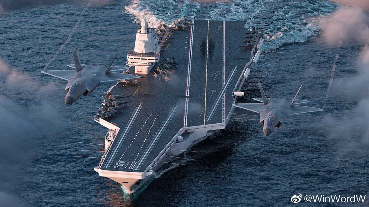 Представлены рендеры китайского суперавианосца Type 003 и перспективного палубного истребителя нового поколения