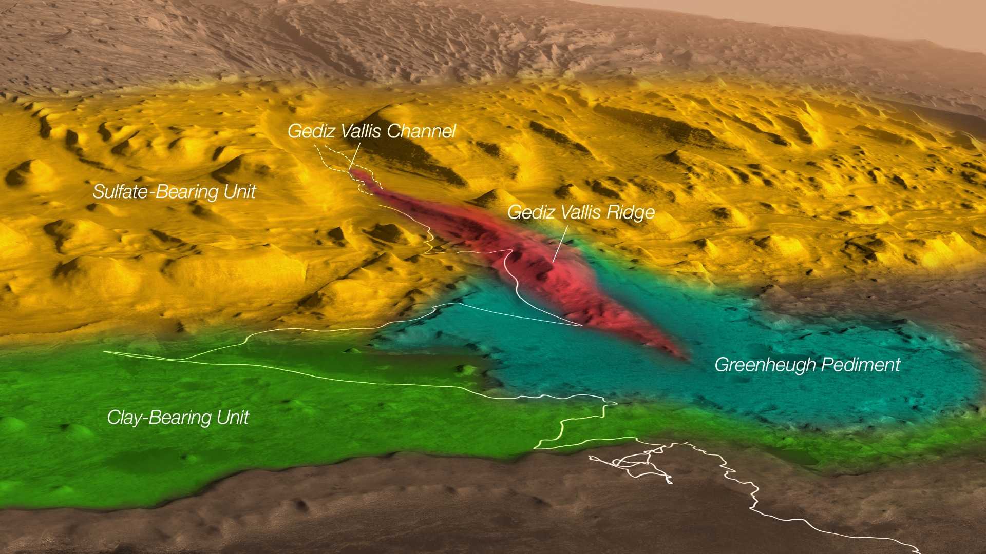 Марсоход Curiosity объезжает вентрифакты по пути на подножье Гринхью